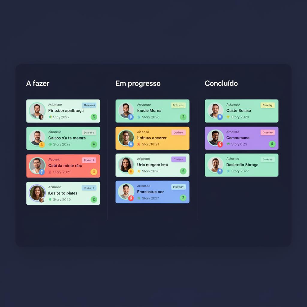 Board Kanban com cards mostrando avatar do responsável, datas obrigatórias de início e prazo